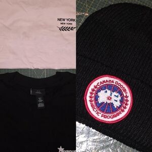 Canada Goose Black Knit Beanie and the shirts black & white